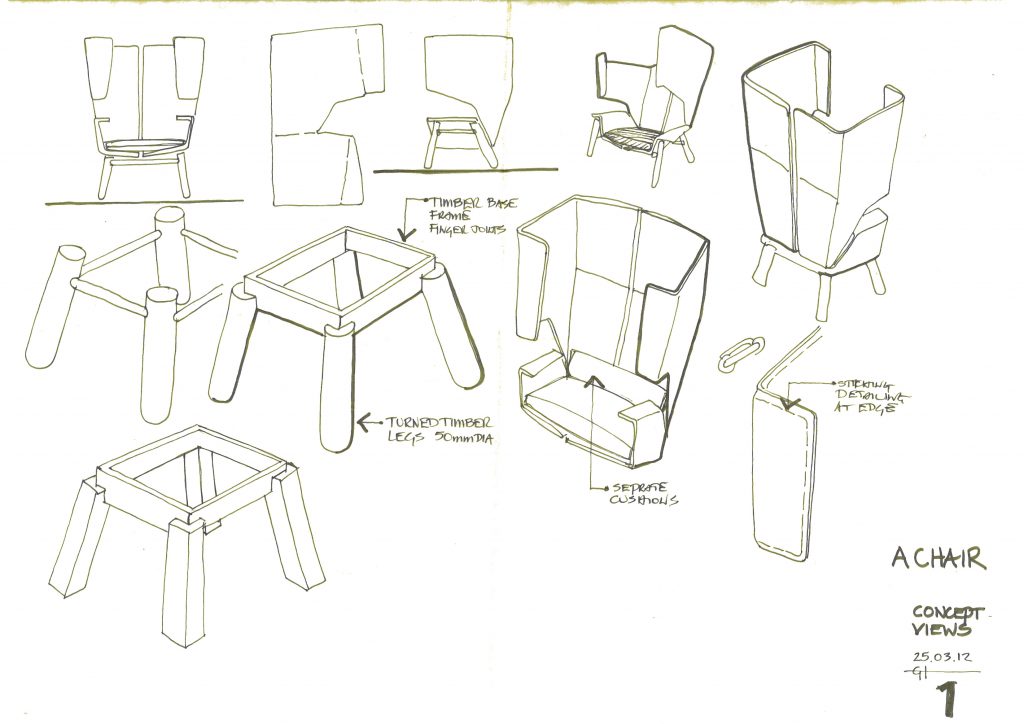 Q Chair, design sketches by Gavin Harris, Design Director of futurespace 
