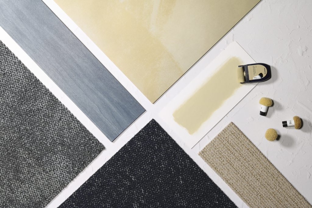 Dulux Colour of the Year 2023 Wild Wonder paired with Interface carpet tiles and LVT.